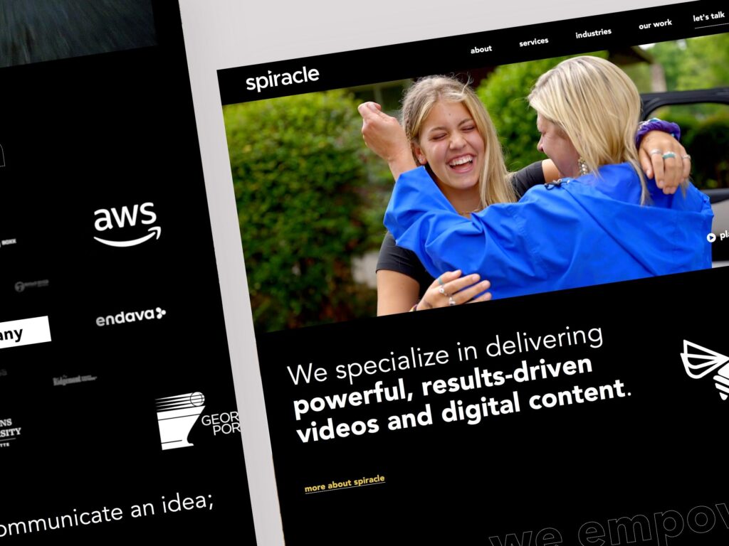 Website design featuring two women hugging outdoors