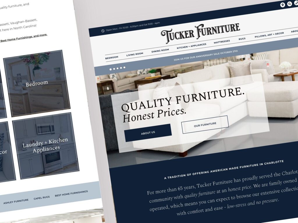 Tucker Furniture website homepage with sofa display