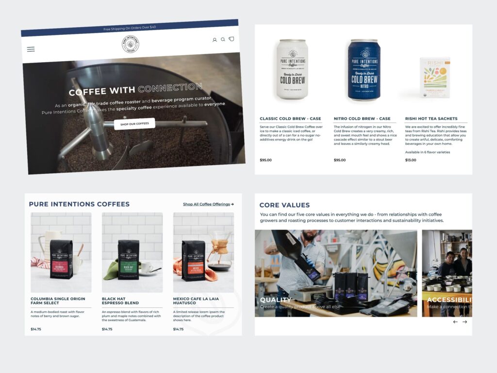 Pure Intentions Coffee website homepage with products