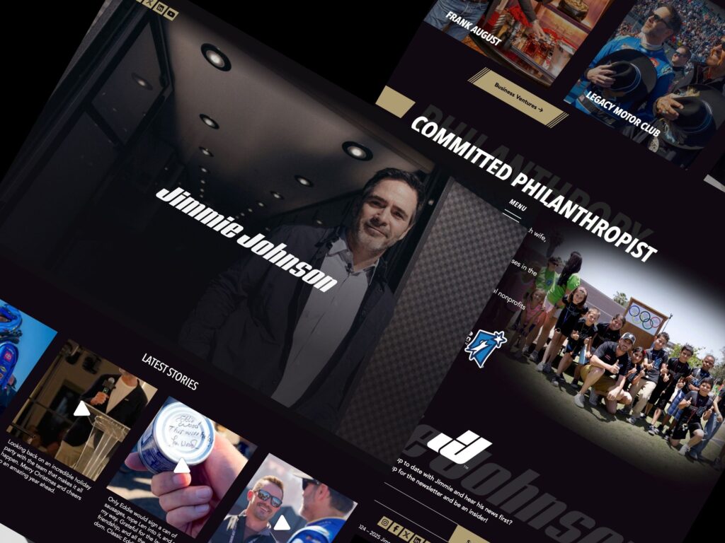 Jimmie Johnson website homepage with philanthropy highlights