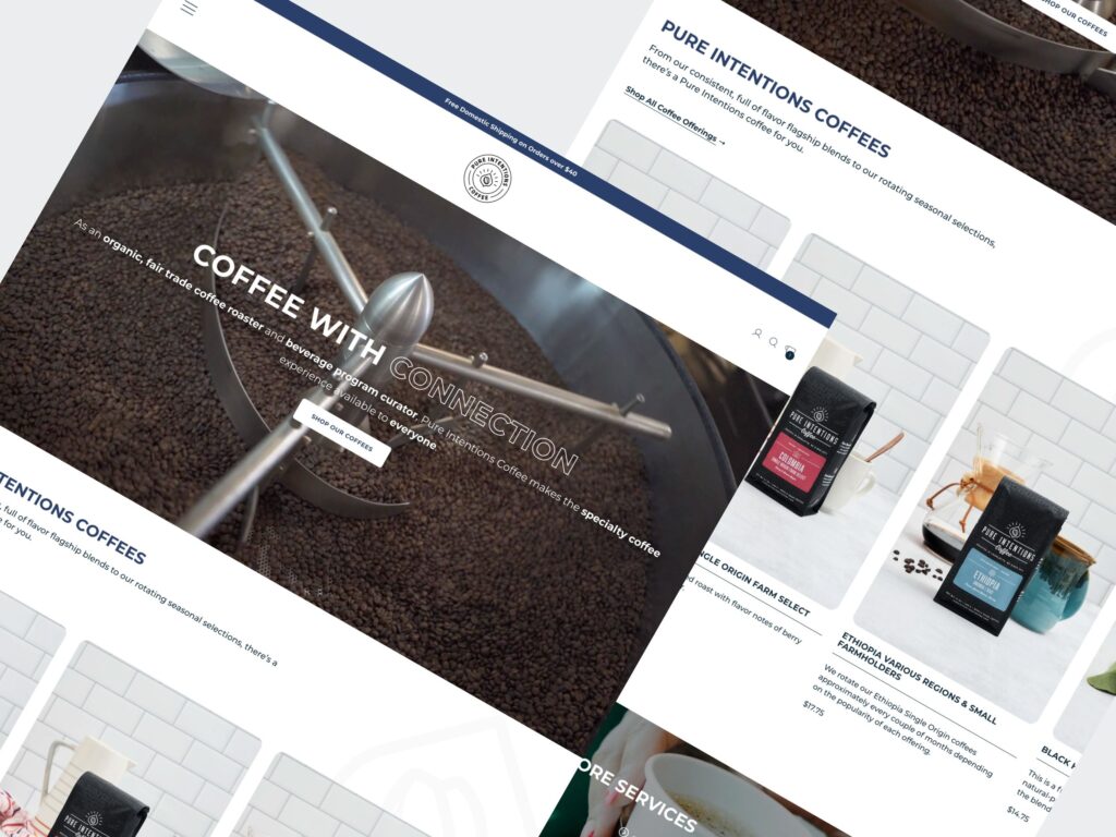 Coffee brand website mockup with roasting beans