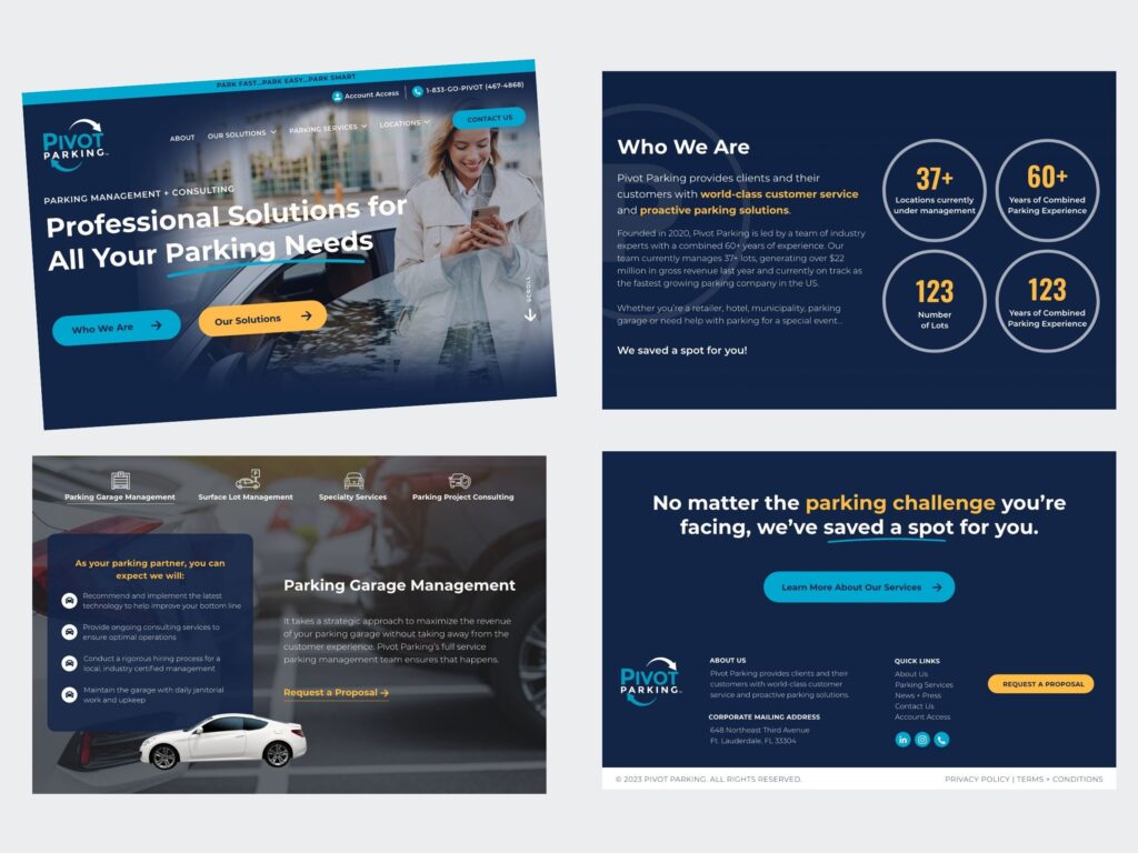 Pivot Parking website design mockup with service sections