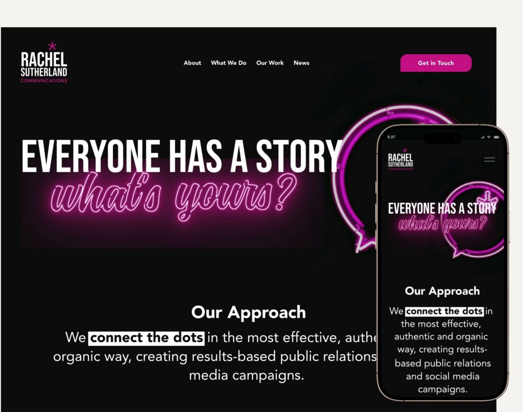 Rachel Sutherland Communications custom web design project with mobile view.