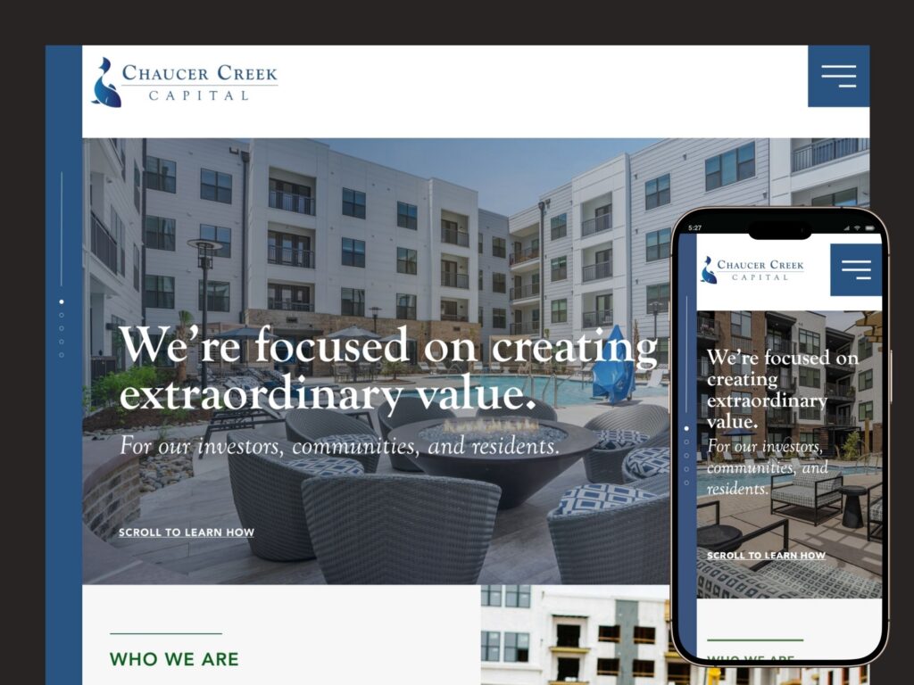 Apartment complex courtyard with pool and website overlay