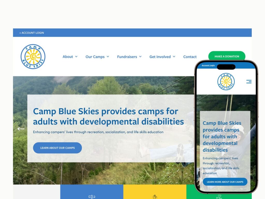 Camp Blue Skies website homepage on desktop and mobile