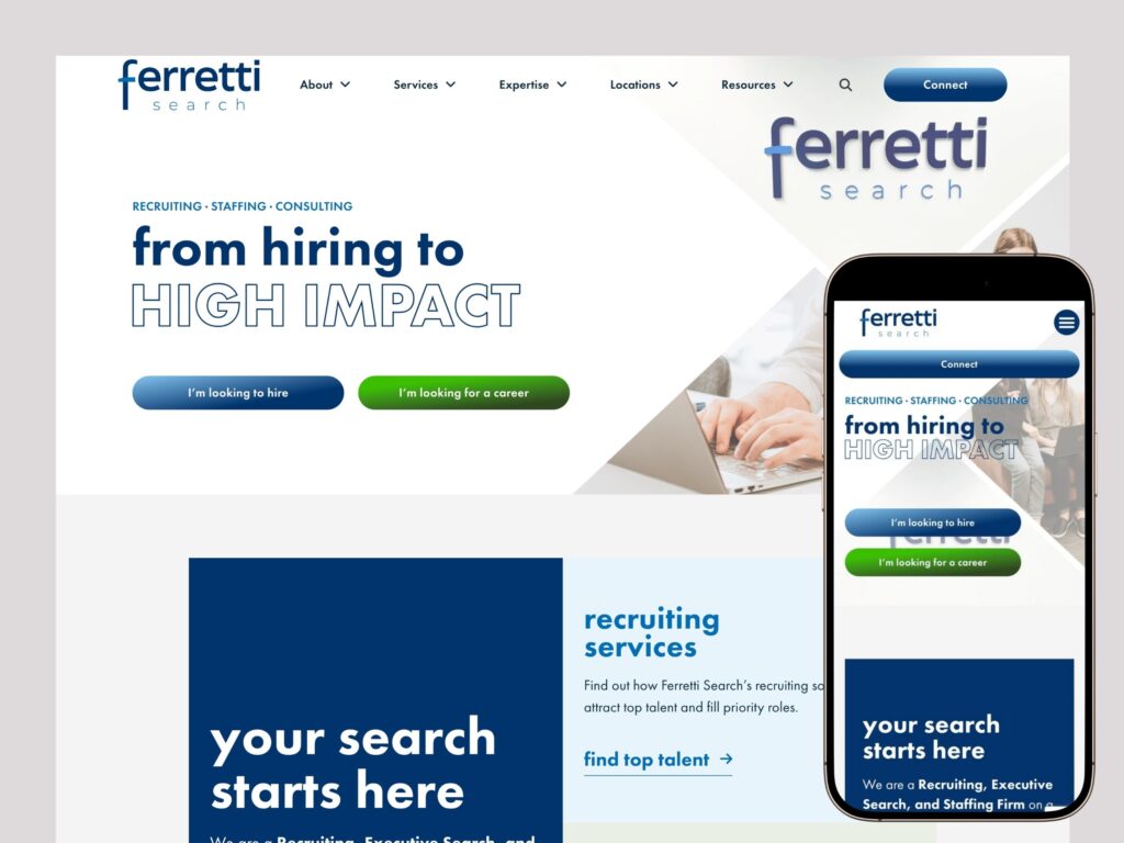 Ferretti Search recruiting website homepage on desktop and mobile