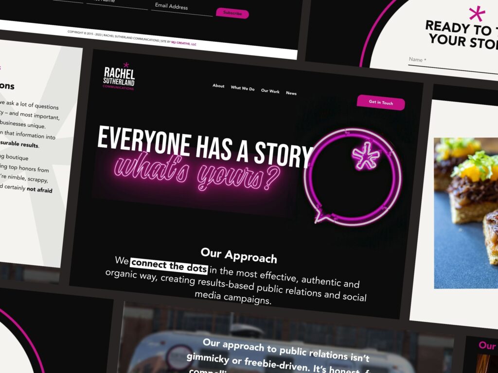 Website homepage with neon pink speech bubble graphic