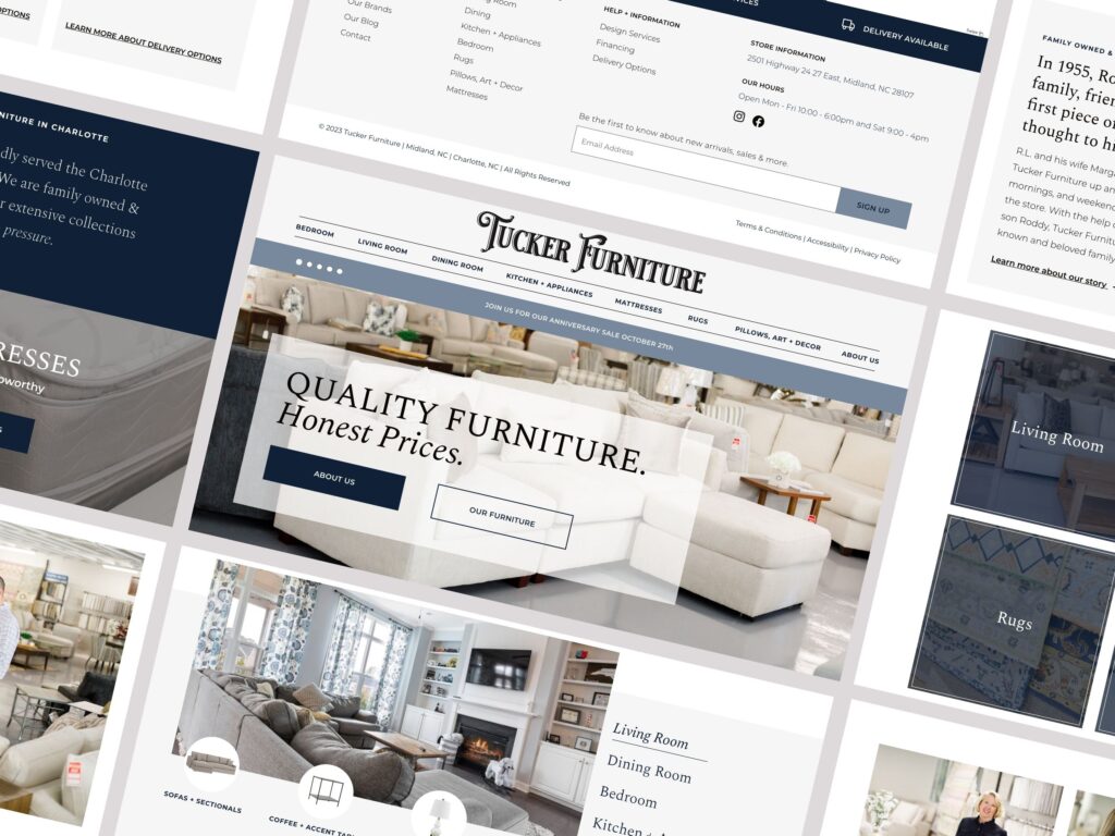 Tucker Furniture website homepage with sofa display