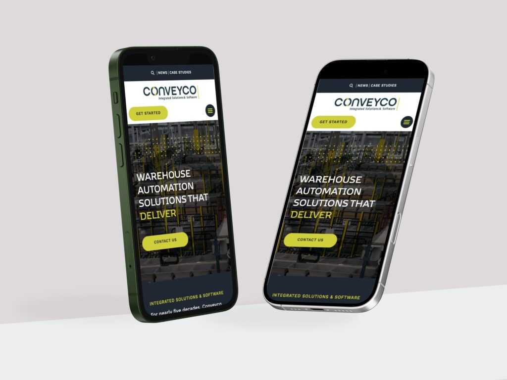 Two smartphones displaying Conveyco warehouse automation website