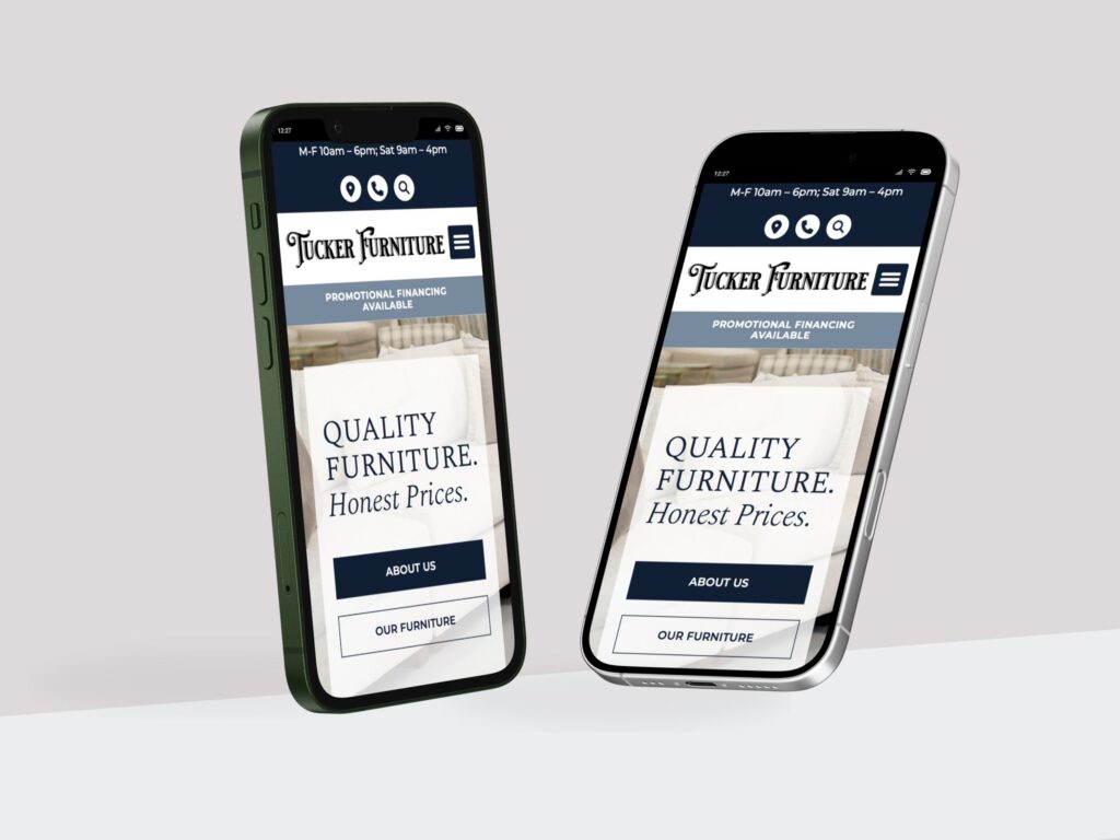 Smartphones displaying Tucker Furniture mobile website homepage