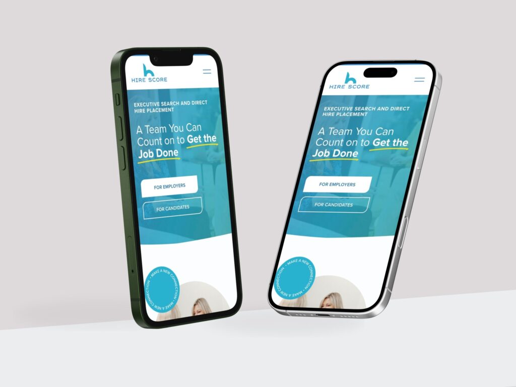 Two smartphones displaying Hire Score recruitment website