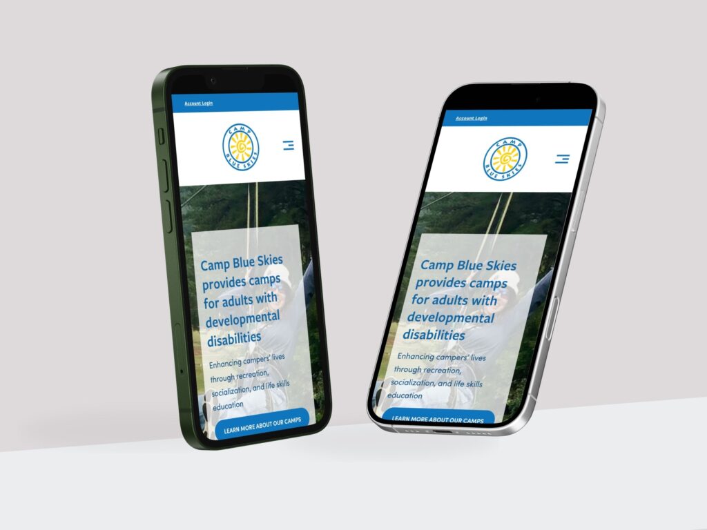 Two smartphones displaying Camp Blue Skies website
