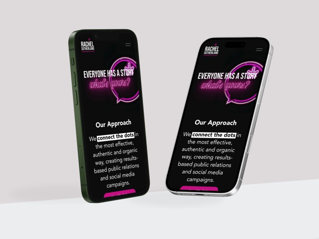 Two smartphones displaying Rachel Sutherland Communications website