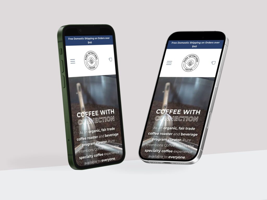 Two smartphones displaying coffee brand website homepage
