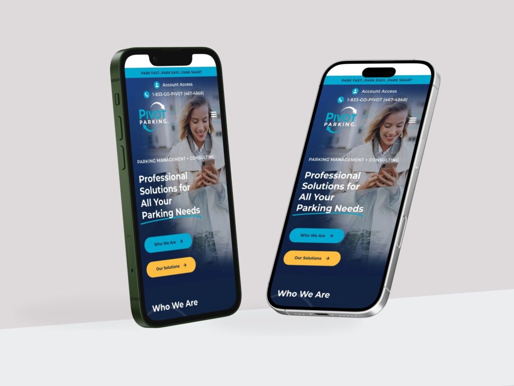 Smartphones displaying Pivot Parking mobile website design