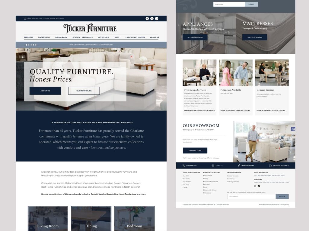 Tucker Furniture homepage featuring sofas and navigation menu