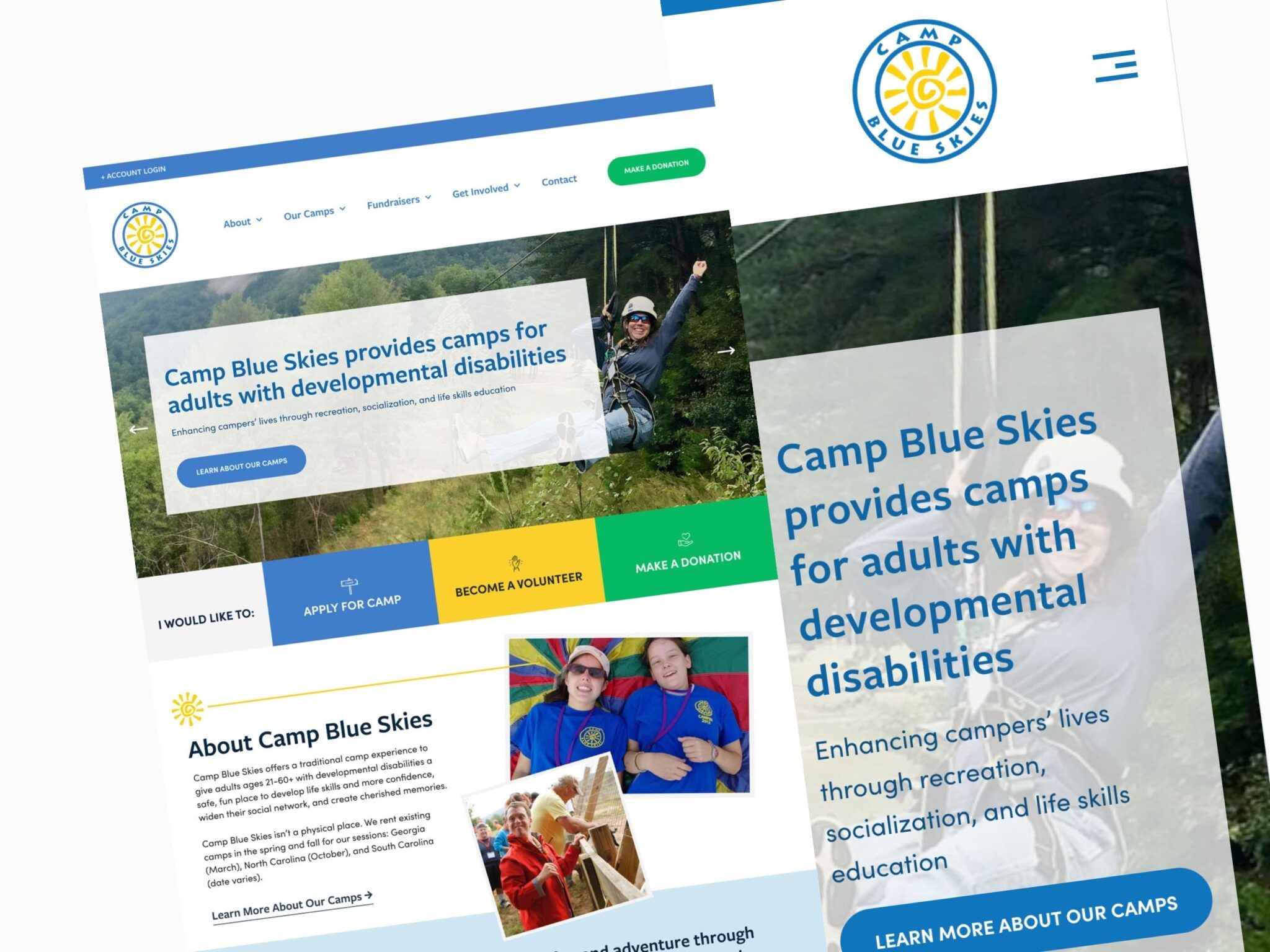 Camp Blue Skies nonprofit website homepage design