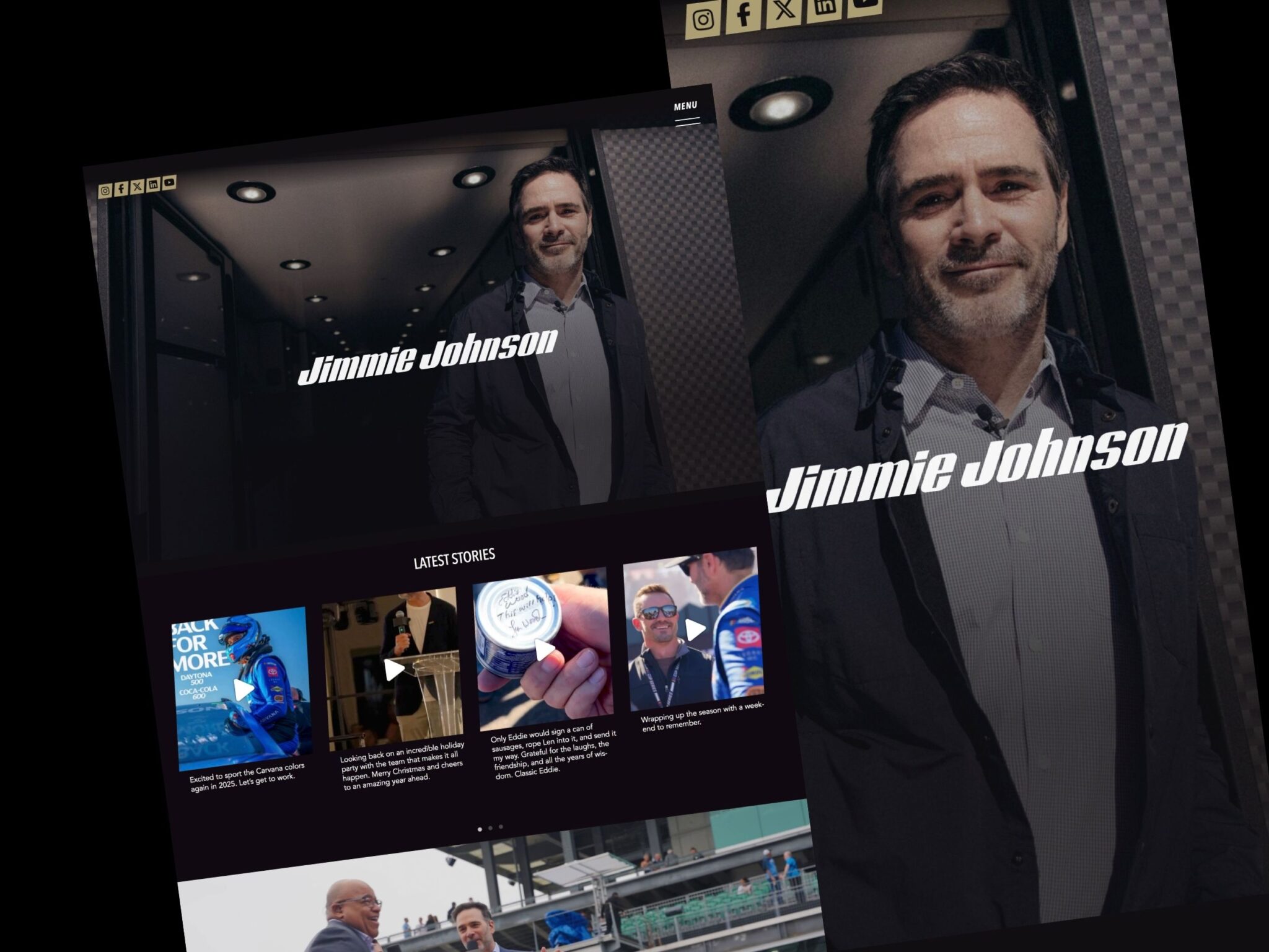 Website homepage featuring portrait and Jimmie Johnson name