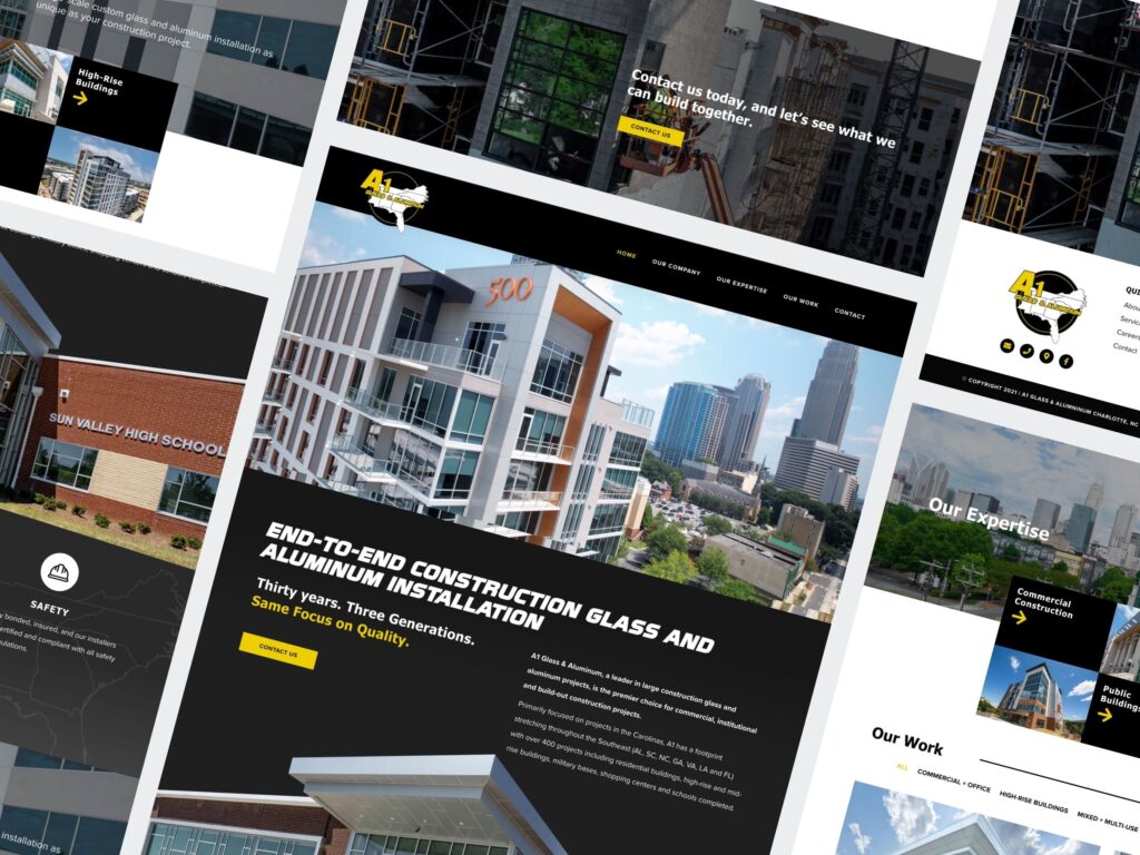 Construction company website showcasing glass and aluminum projects