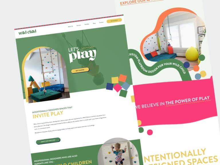 Colorful playroom website design with climbing wall