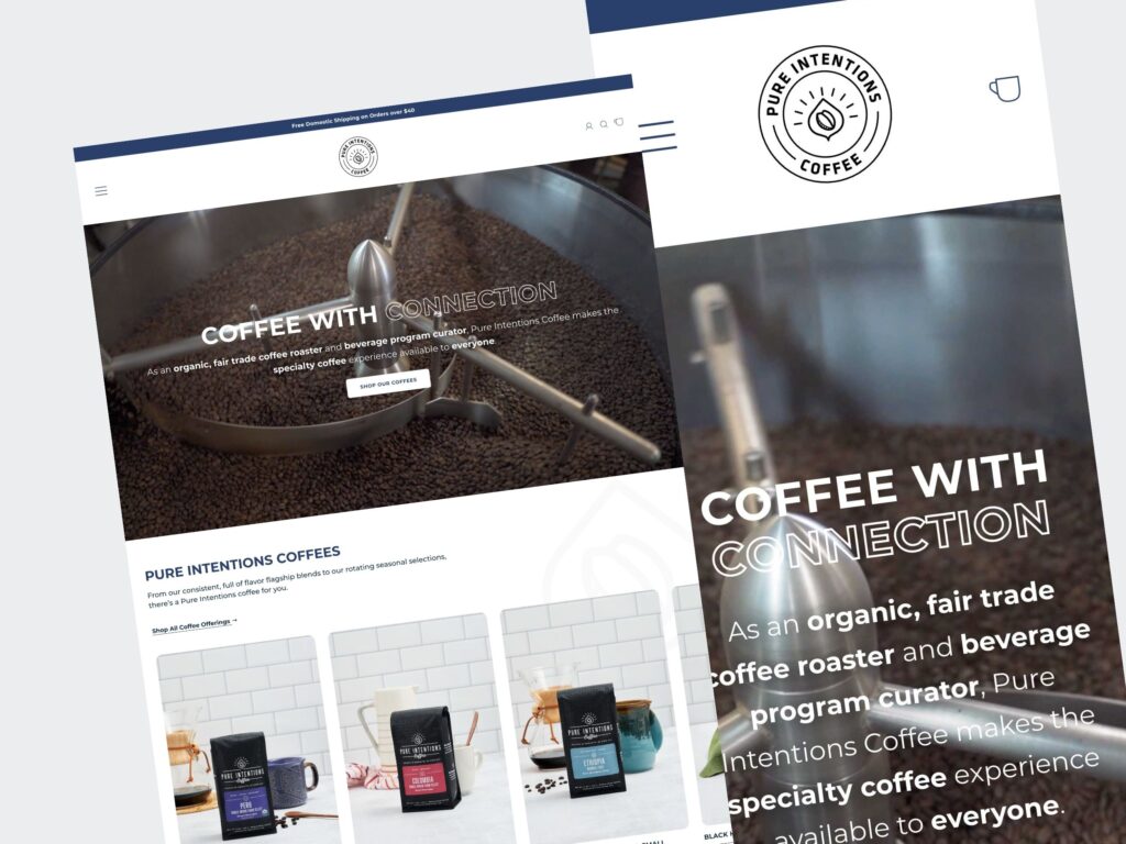 Pure Intentions Coffee website with roasting beans