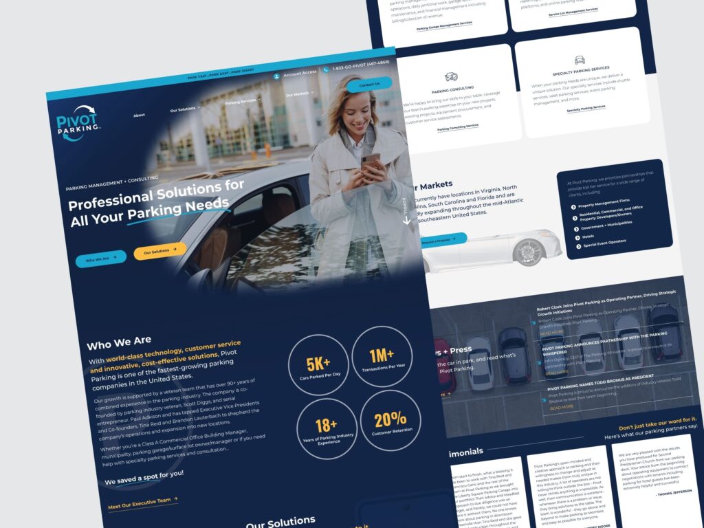 Pivot Parking website homepage design mockup