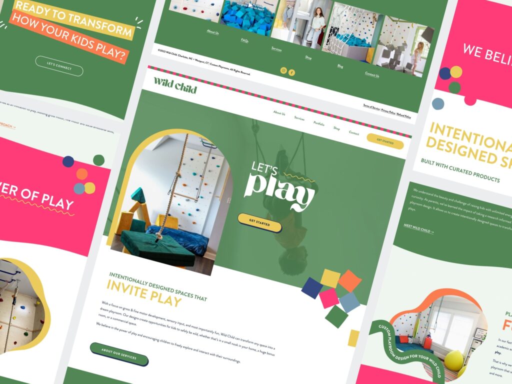 Colorful kids playroom website design mockup