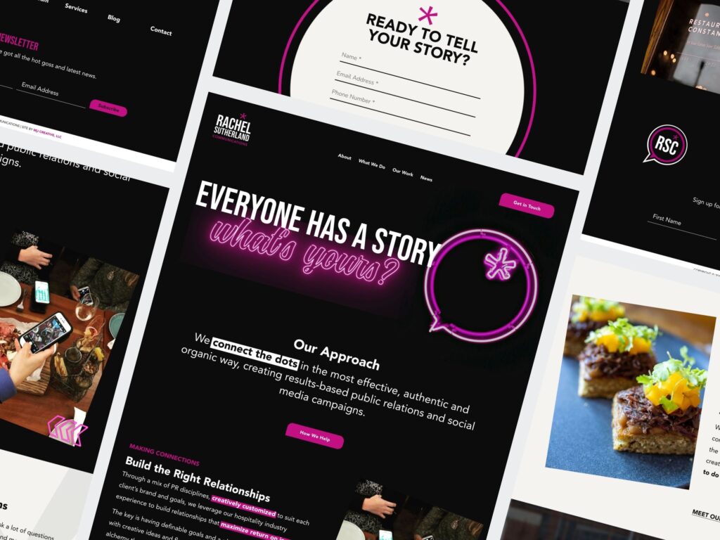 Public relations website design with neon accents