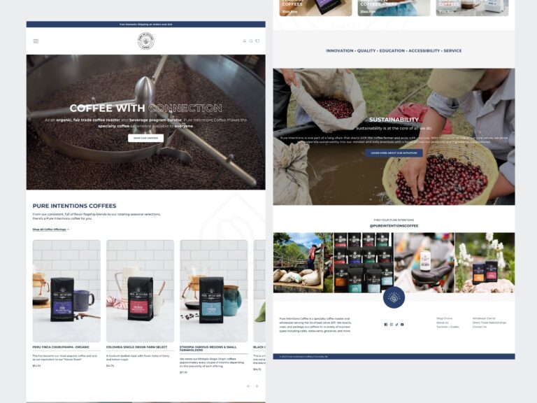 Specialty coffee website with roasting and sustainability images