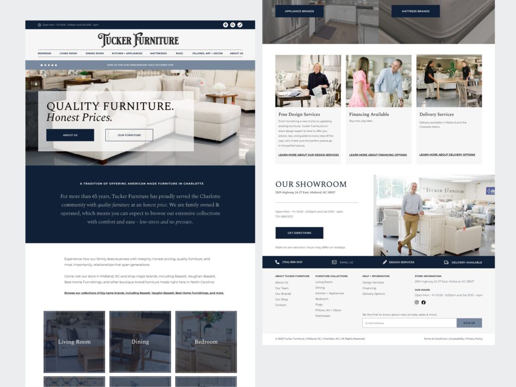 Tucker Furniture homepage with living room sofa