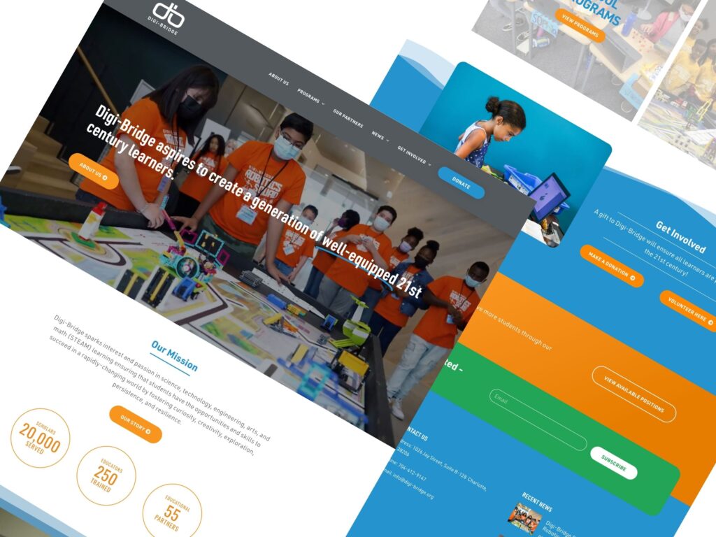 Digi-Bridge STEM education website with students building robots