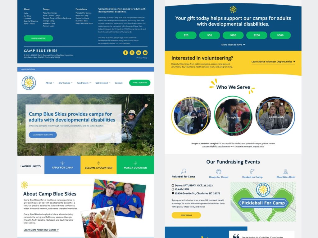 Camp Blue Skies nonprofit website homepage design