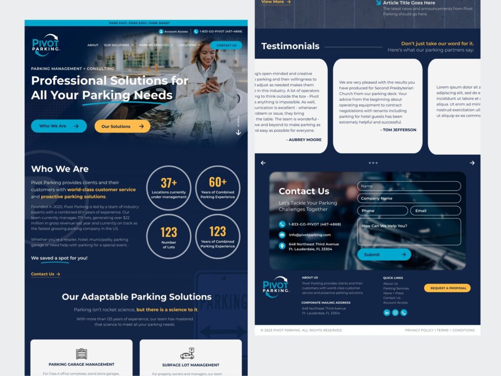 Pivot Parking website homepage design layout