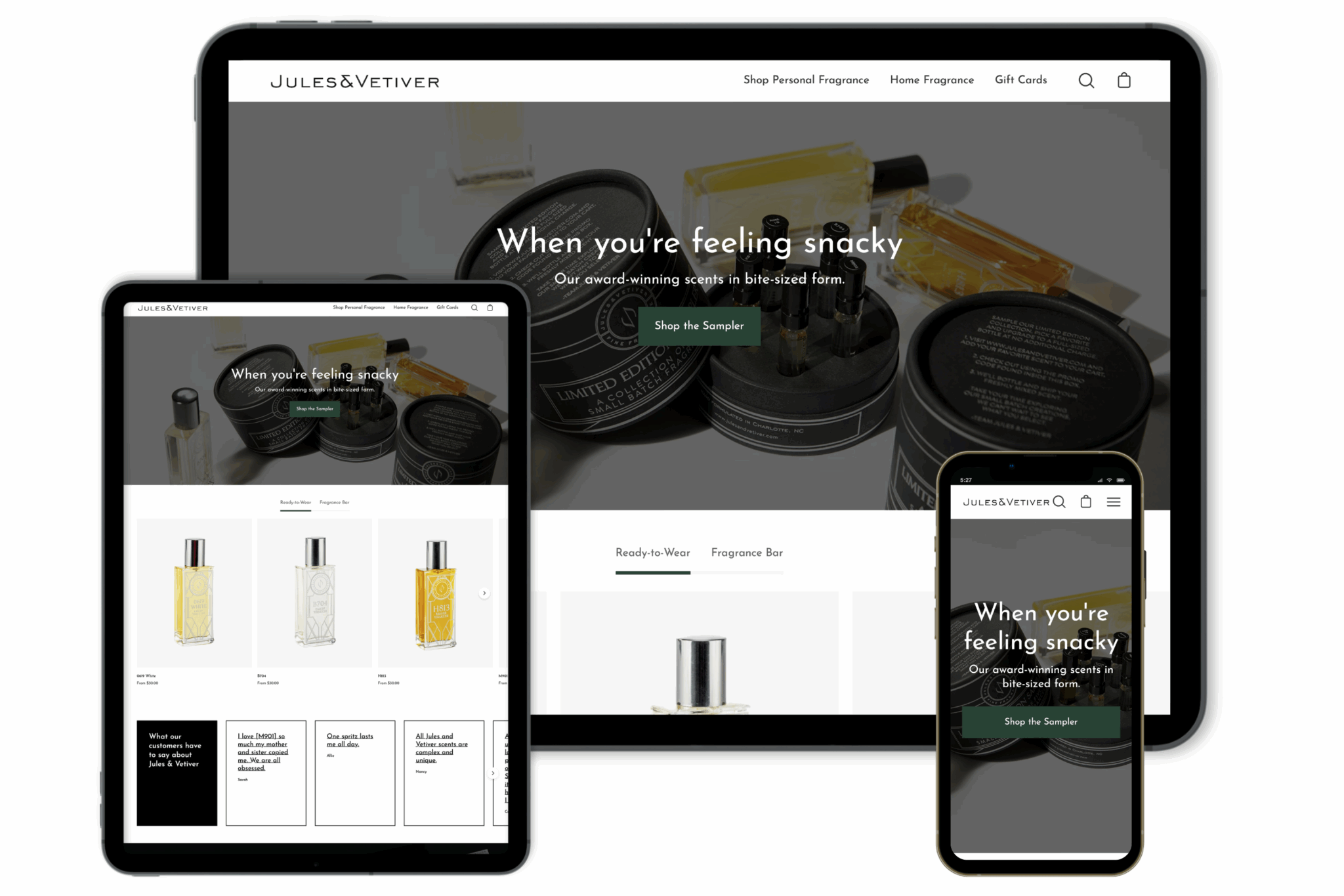 Jules & Vetiver fragrance e-commerce website on desktop, tablet and phone.