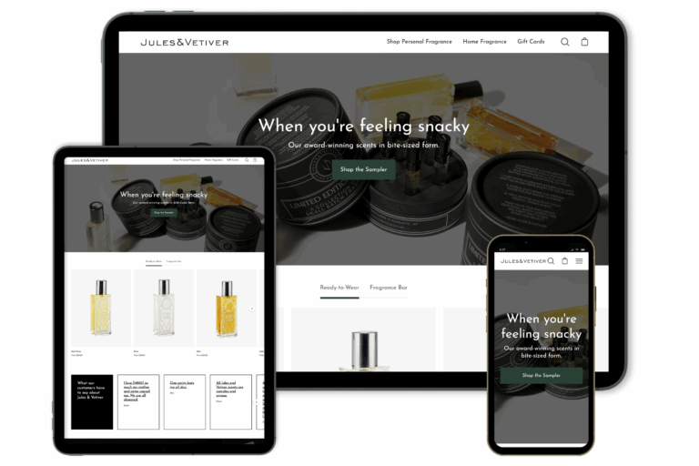Jules & Vetiver fragrance e-commerce website on desktop, tablet and phone.