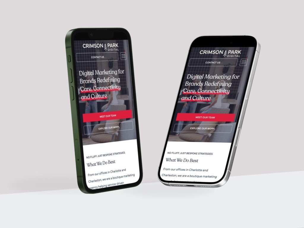 Smartphones displaying Crimson Park Digital website homepage