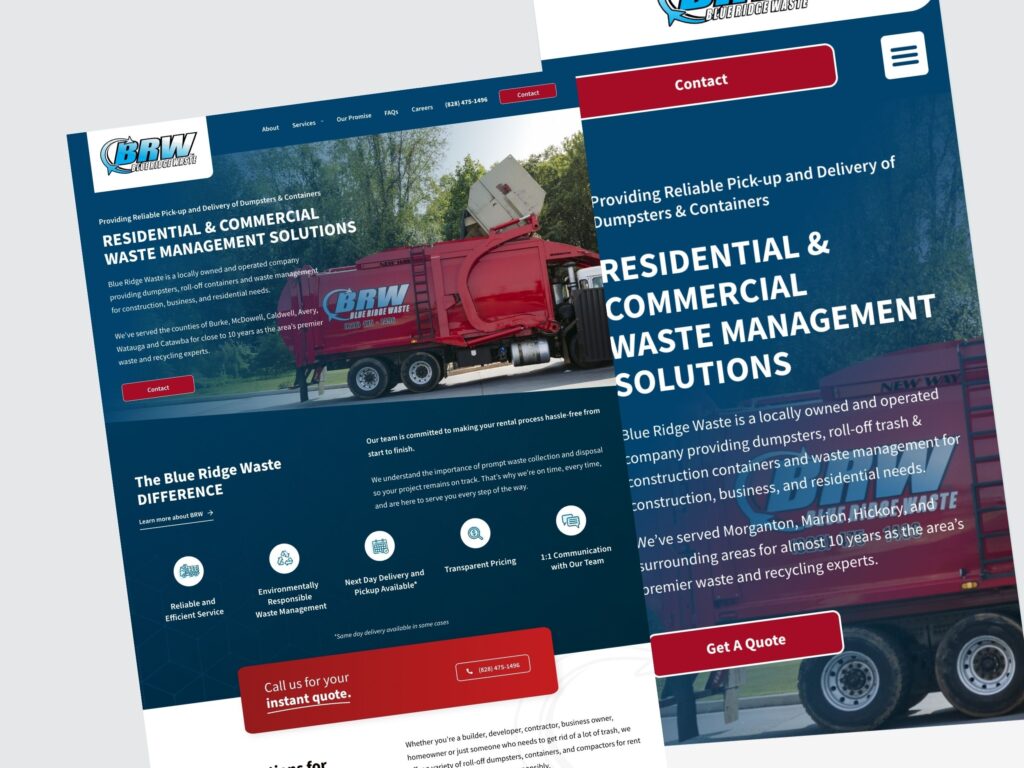 Blue Ridge Waste website with garbage truck
