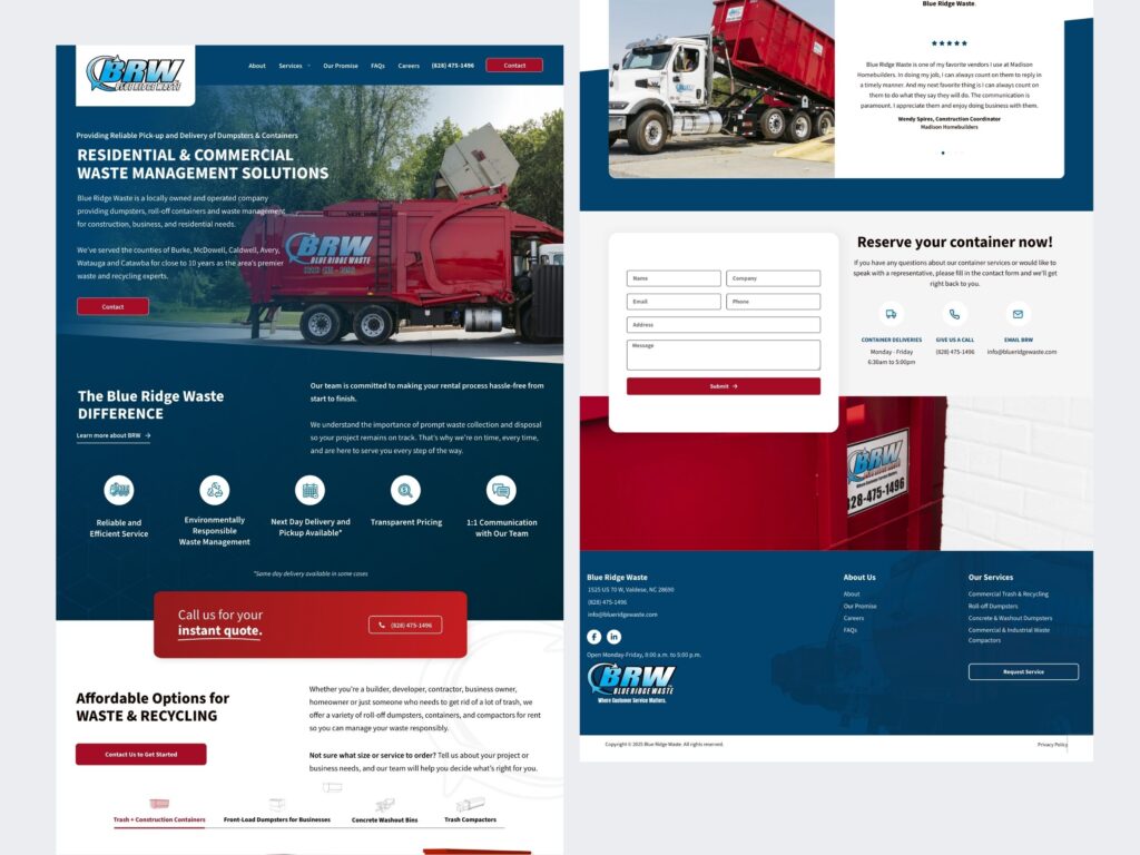 Blue Ridge Waste website with dumpster truck