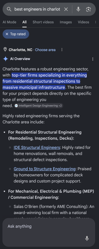 Example: Google AI search results for best engineers in Charlotte NC